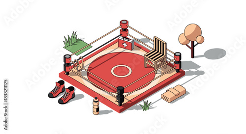Isometric boxing ring with equipment in minimalist style