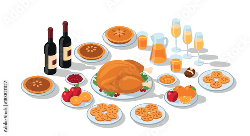 Festive thanksgiving feast with roast turkey, wine, and desserts in isometric style