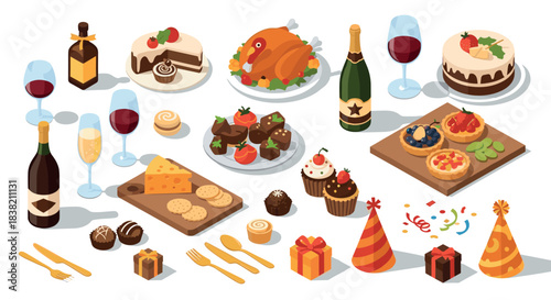 Festive holiday feast in isometric style featuring desserts, wine, and decorations