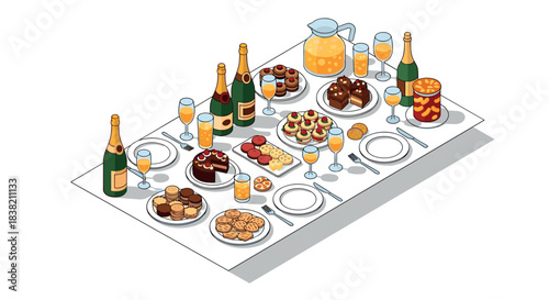 Luxurious champagne and dessert brunch table with exquisite treats and beverages in isometric style
