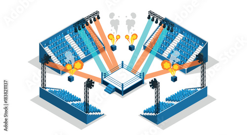 Isometric wrestling arena with dynamic lighting and pyrotechnics