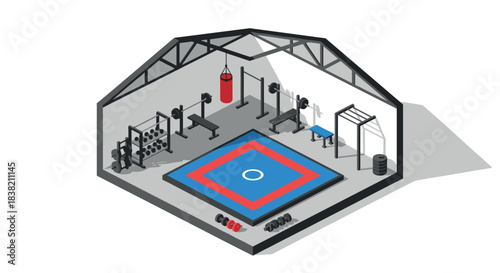 Modern isometric boxing gym with equipment and ring