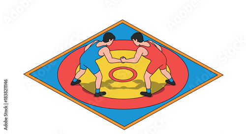 Isometric wrestling match with athletes in red and blue uniforms on colorful mat
