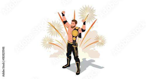 Victorious wrestler celebrating in isometric style with fireworks background