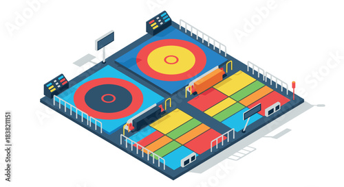Isometric wrestling and gymnastics arena with colorful markings and equipment