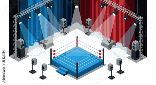 Isometric boxing ring with stage lighting and sound equipment in a colorful arena