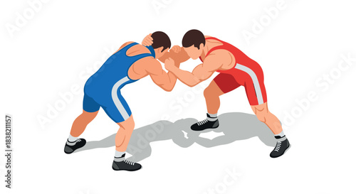 Two wrestlers competing in dynamic match with detailed shadow on white background