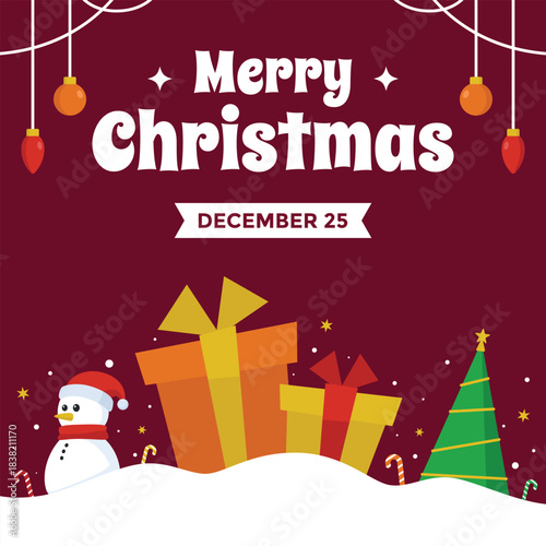 Merry Christmas greetings on dark red background with seasonal elements like gift boxes, snowman, and decorated pine tree on snowy base suitable for December events and social media posts.