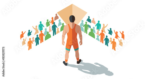 Wrestler in arena surrounded by cheering crowd in isometric style
