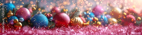 Panoramic View of Festive Christmas Ornaments and Twinkling Lights Creating a Magical Holiday Scene