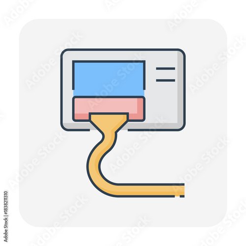 Condenser unit cleaning icon, outdoor part of air conditioning HVAC system. Vacuum cleaner removes dust from heat coil for airflow, cooling, heat ventilation, efficiency and energy savings.