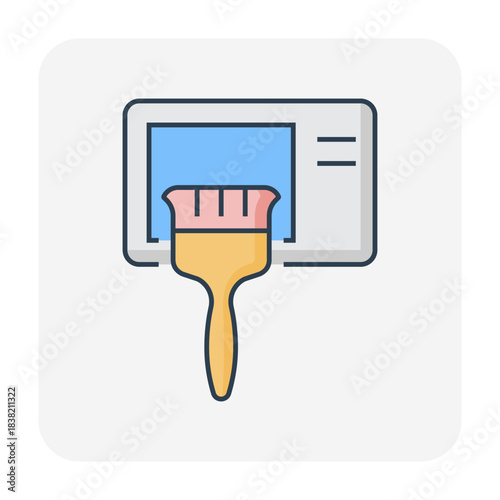 Air conditioner cleaning vector icon, brush removing dust and dirt from condenser unit coil. HVAC maintenance for cooling performance, improved airflow, heat ventilation efficiency and energy savings.