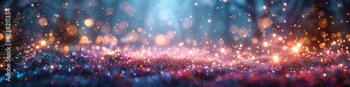Panoramic background of glittering particles and bokeh lights in a dark blue and pink hue