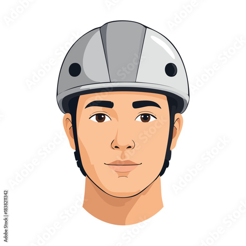 Young man wearing a grey safety helmet for outdoor activities.