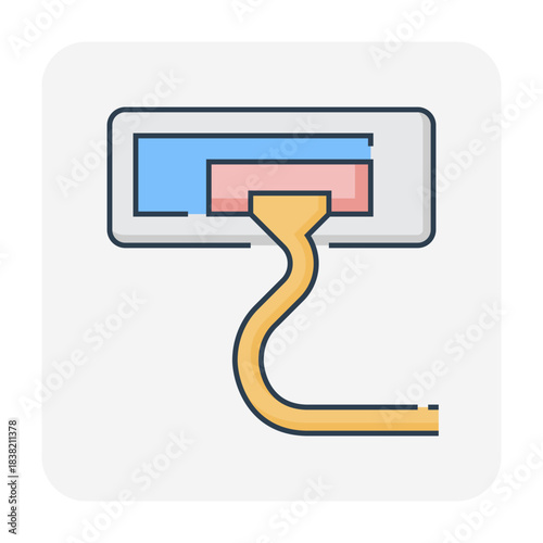 Air conditioner cleaning vector icon, vacuum cleaner removing dust from evaporator coil of indoor HVAC unit to improved airflow, cooling performance, energy savings and healthier air quality.