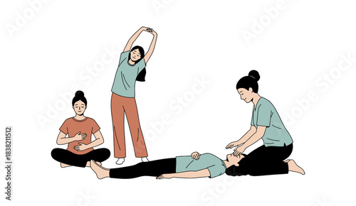 Minimalist Vector Illustration: Yoga Session, Stretching, and Relaxing Massage Therapy