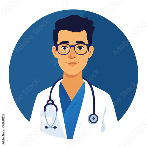 Young Male Doctor Wearing Glasses and Stethoscope.