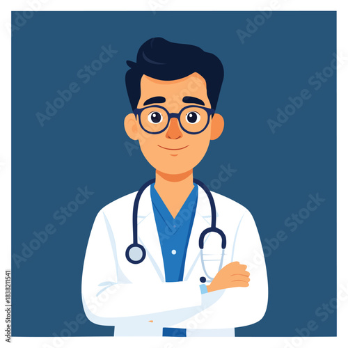 Friendly Doctor Wearing Stethoscope and Glasses with Arms Crossed.