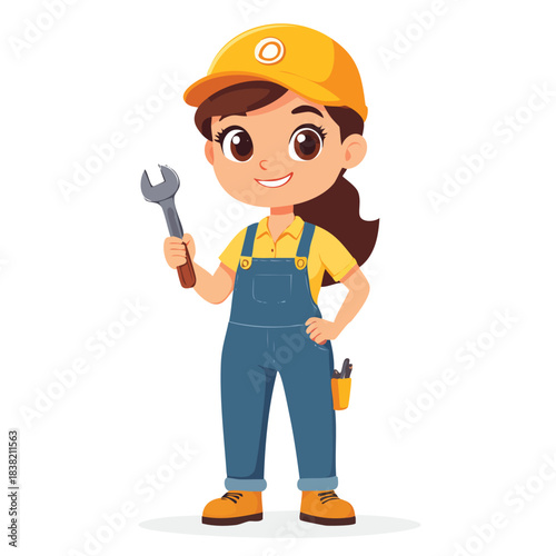 Young female mechanic in overalls and hard hat holding a wrench.