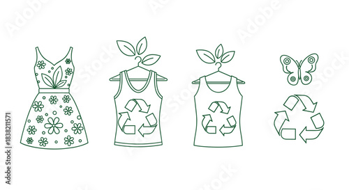 Set of green line art icons representing sustainable and slow fashion including recycled clothing a dress and a butterfly symbol.