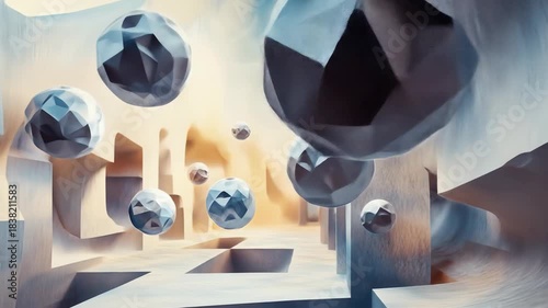 Abstract geometric composition with floating spheres and architectural forms