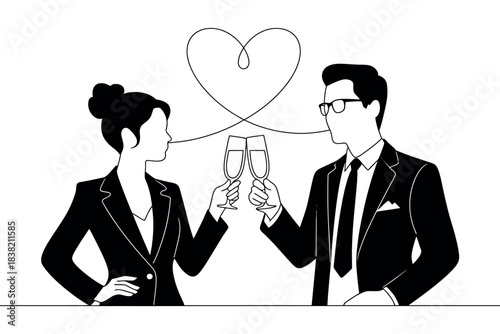 A couple in business attire toasts with champagne glasses, symbolizing a shared success.