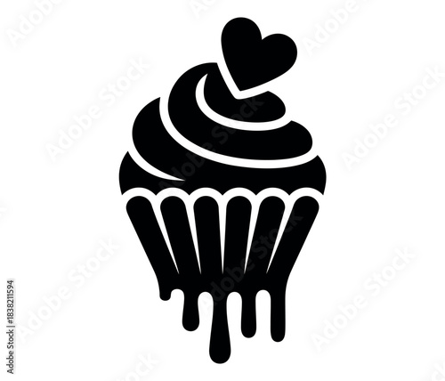 A silhouette of a cupcake with frosting and a heart on top is depicted against a white background.