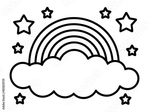 A stylized black and white illustration of a rainbow arching over a fluffy cloud, surrounded by stars, ready for coloring.