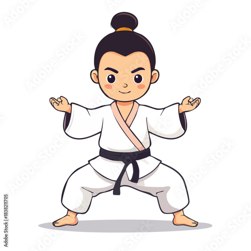 Cute Cartoon Boy Practicing Martial Arts in Kimono.