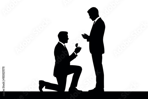A man on one knee proposes marriage to another man with a ring.