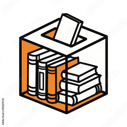 Book donation box vector icon. Line art illustration of a container with stacked books and a slot. Charity and education symbol