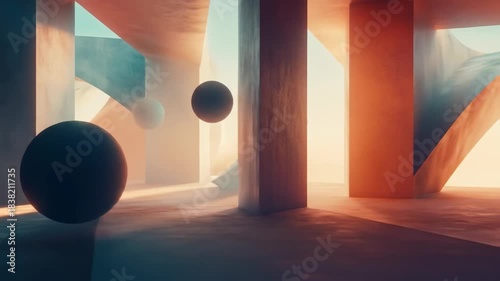 Abstract geometric composition with spheres and architectural forms