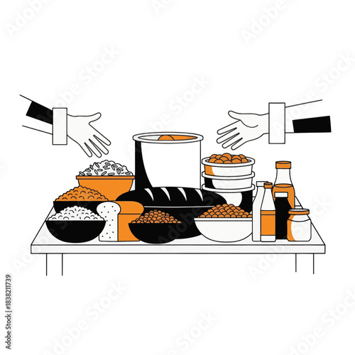 Charity food distribution table with hands. Food bank donation and humanitarian aid concept. Flat line vector illustration