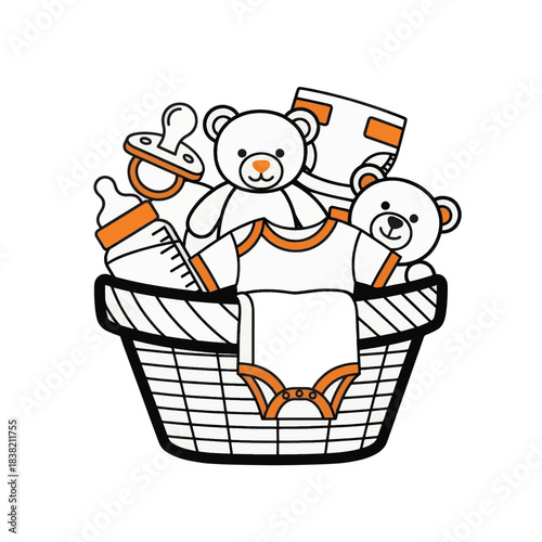 Donation basket with baby items. Vector line art illustration of newborn clothes and toys. Isolated icon on transparent background