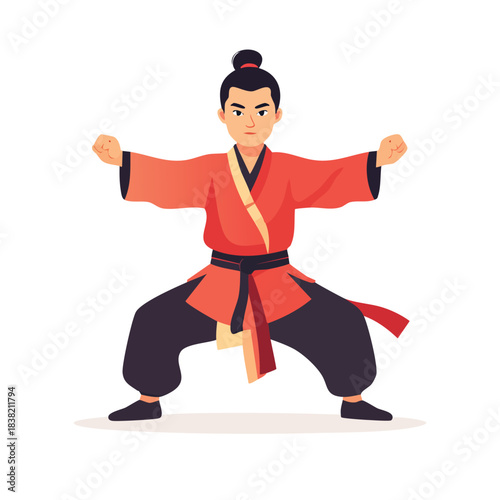 Young Asian man in traditional martial arts uniform practicing kung fu stance.