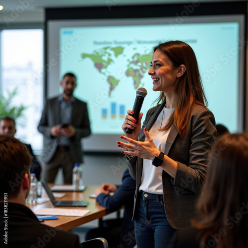 Woman female speaker with microfone on a business conversation conference