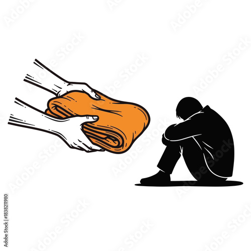Hands offering blanket to homeless person. Charity and donation concept vector illustration. Sketch style design isolated on transparent background