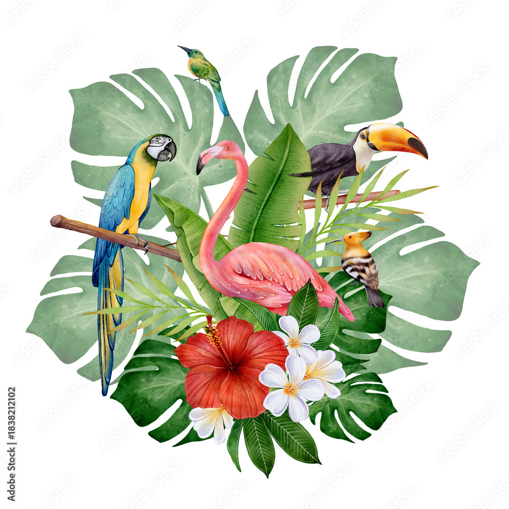 Φωτογραφία Watercolor tropical birds with hibiscus, plumeria and green monstera leaves