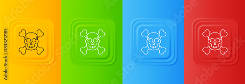 White Skull on crossbones icon isolated on colorful background. Happy Halloween party. Set icons in square buttons. Vector