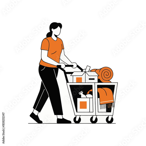 Volunteer pushing a donation cart with supplies. Flat vector illustration of charity and humanitarian aid. Social support and community help concept.