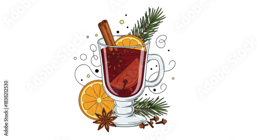 Festive illustration of a glass of hot mulled wine garnished with an orange slice a cinnamon stick and a fir branch.