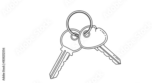 Simple black and white line art illustration of two metal keys hanging from a circular keyring isolated on a white background.