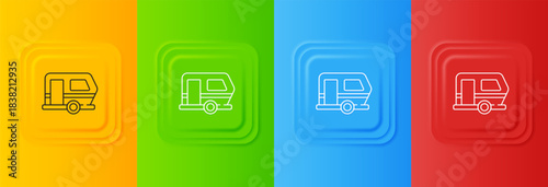 White Rv Camping trailer icon isolated on colorful background. Travel mobile home, caravan, home camper for travel. Set icons in square buttons. Vector