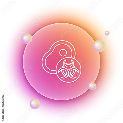 White Genetically modified meat icon isolated on white background. Syringe being injected to meat. Orange and pink gradient circle background. Vector