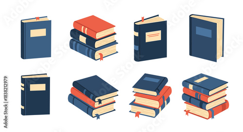 A collection of colorful books in various arrangements including single volumes and stacks for education or library themes.