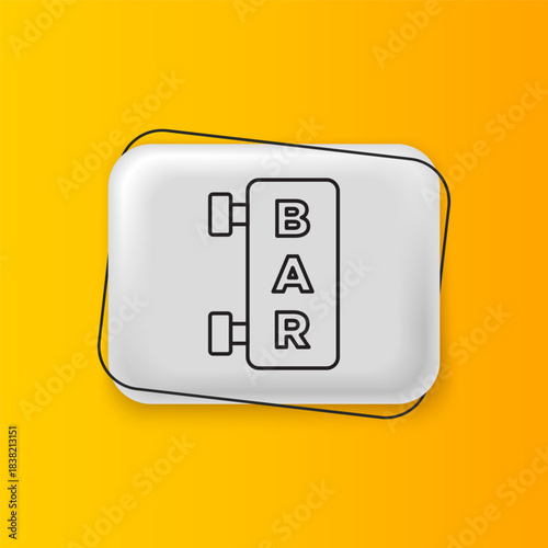 Black Street signboard with inscription Bar icon isolated on yellow background. Suitable for advertisements bar, cafe, restaurant. Silver rectangle button. Vector