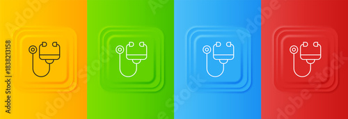 White Stethoscope medical instrument icon isolated on colorful background. Set icons in square buttons. Vector