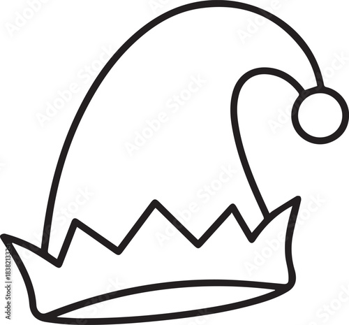 Cute Elf Hat Line Art Vector Icon. Simple Christmas Holiday Outline Symbol. Modern Winter Decoration, New Year, and Festive Sticker Design Element. Clean Santa Assistant Cap Graphic.