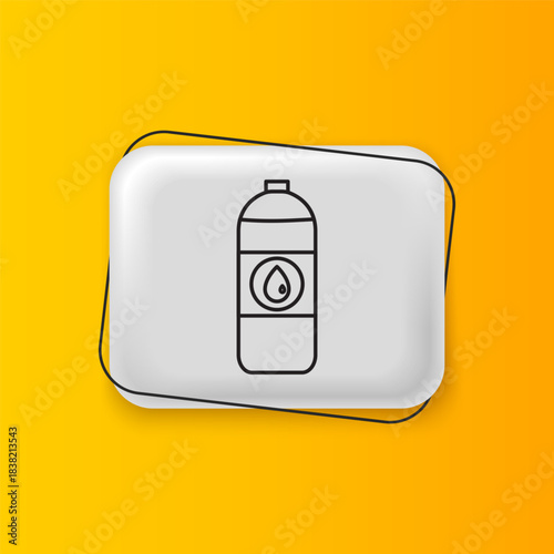 Black Plastic canister for motor machine oil icon isolated on yellow background. Oil gallon. Oil change service and repair. Silver rectangle button. Vector