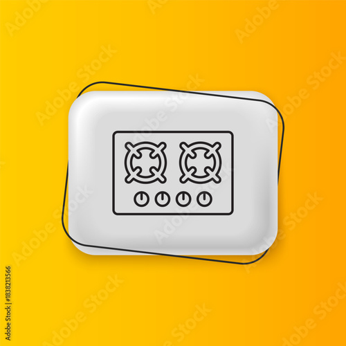 Black Gas stove icon isolated on yellow background. Cooktop sign. Hob with four circle burners. Silver rectangle button. Vector